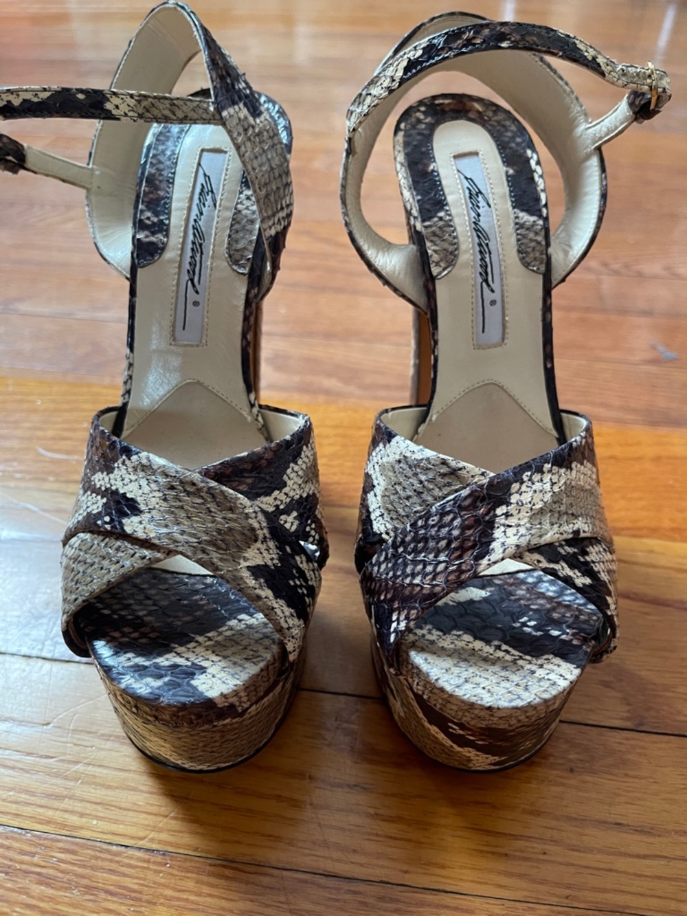 Brian Atwood Snake Platform Sandals in Brown and Cream